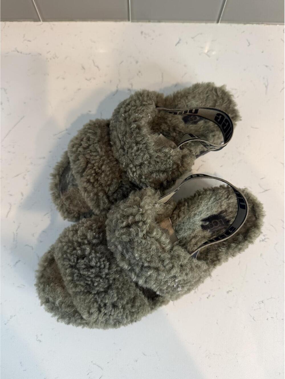 UGG Fluff Yeah Shearling Slingback Sandals Size 8 Olive Green - Picture 3 of 4